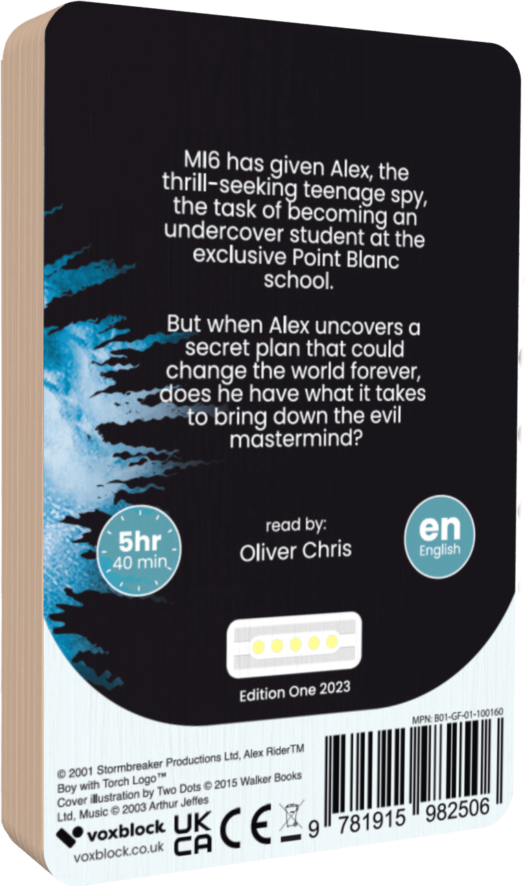 Alex Rider Point Blanc audiobook back cover.