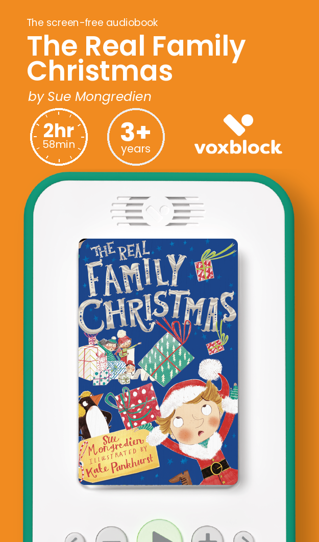 The Real Family Christmas audiobook in a Voxblock player, with running time and age guidance