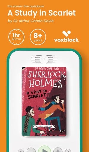 A Study in Scarlet audiobook in a Voxblock player, with running time and age guidance