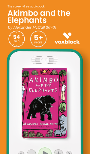 Akimbo and the Elephants audiobook in a Voxblock player, with running time and age guidance