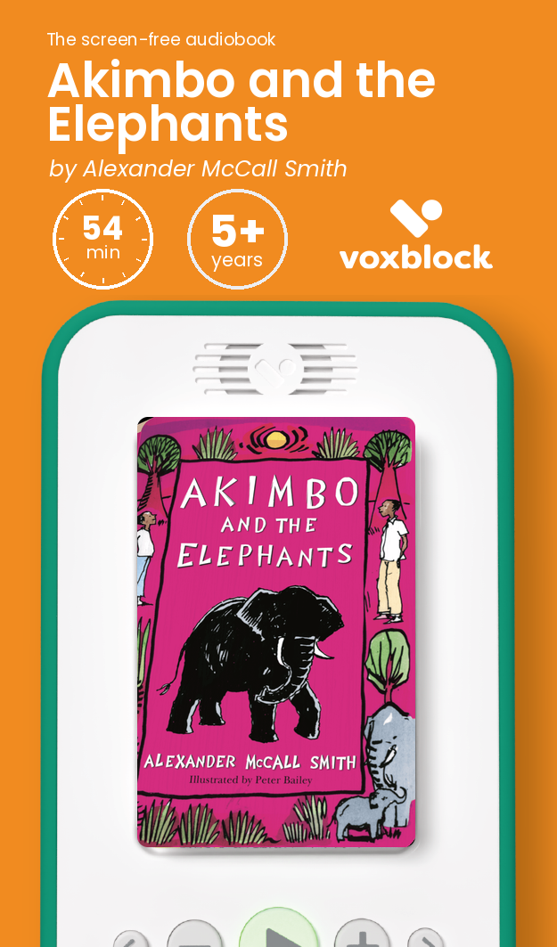 Akimbo and the Elephants audiobook in a Voxblock player, with running time and age guidance