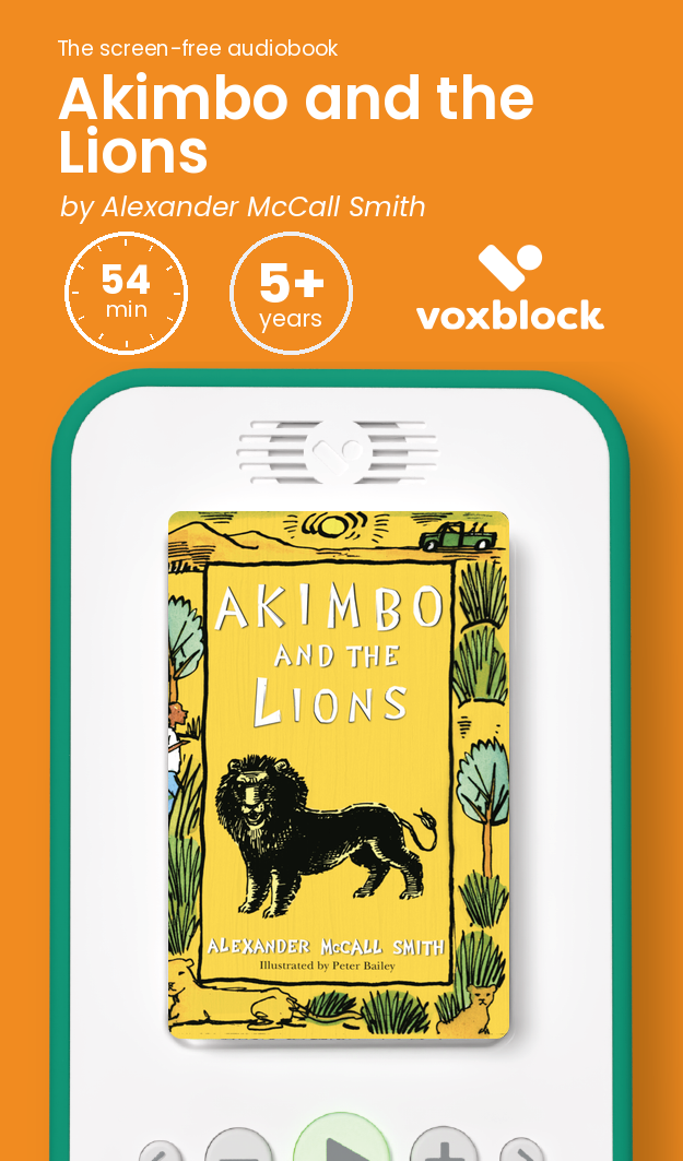 Akimbo and the Lions audiobook in a Voxblock player, with running time and age guidance