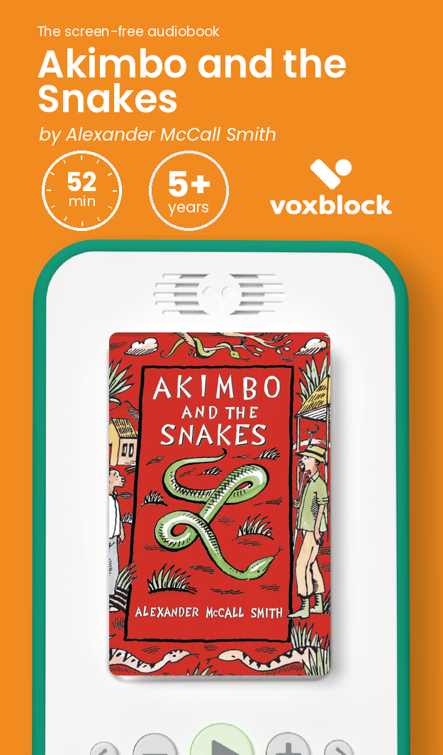 Akimbo and the Snakes audiobook in a Voxblock player, with running time and age guidance