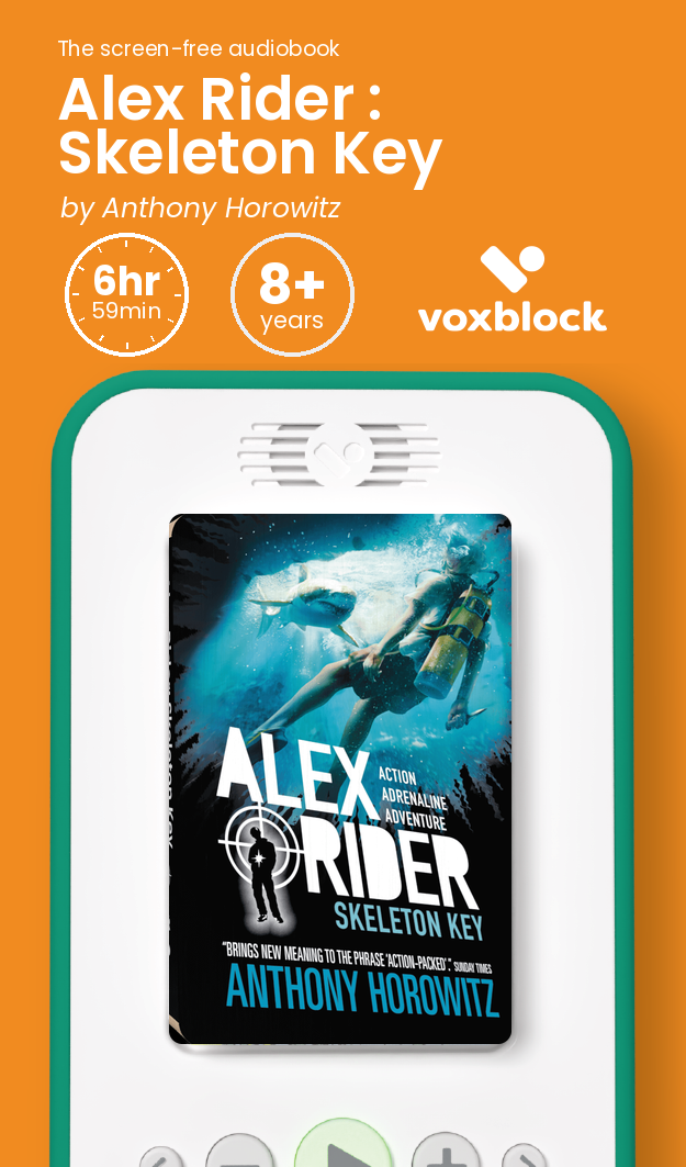 Alex Rider : Skeleton Key audiobook in a Voxblock player, with running time and age guidance