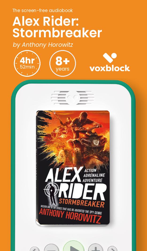 Alex Rider: Stormbreaker audiobook in a Voxblock player, with running time and age guidance