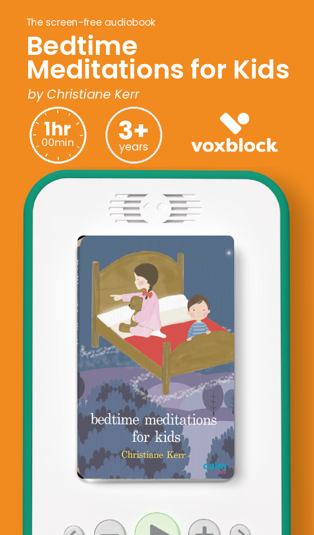Bedtime Meditations for Kids audiobook in a Voxblock player, with running time and age guidance