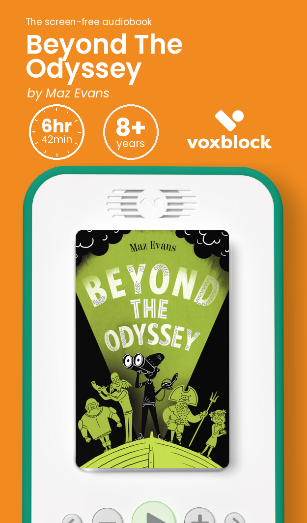 Beyond The Odyssey audiobook in a Voxblock player, with running time and age guidance