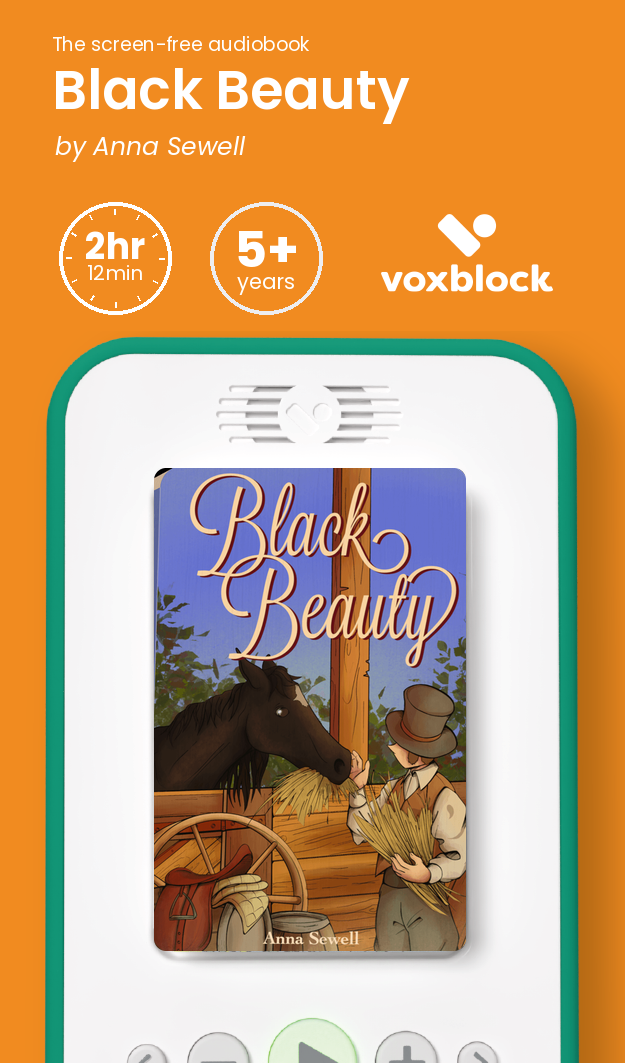 Black Beauty audiobook in a Voxblock player, with running time and age guidance