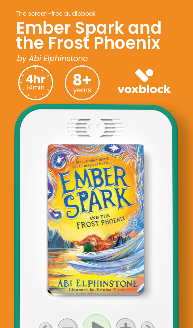 Ember Spark and the Frost Phoenix audiobook in a Voxblock player, with running time and age guidance