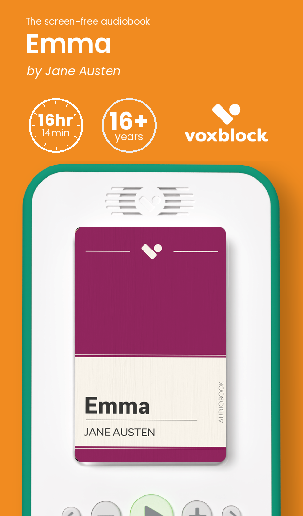 Emma audiobook in a Voxblock player, with running time and age guidance