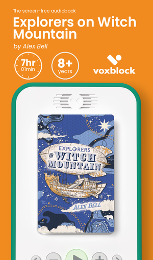 Explorers on Witch Mountain audiobook in a Voxblock player, with running time and age guidance