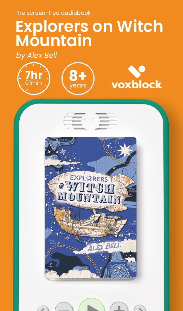 Explorers on Witch Mountain audiobook in a Voxblock player, with running time and age guidance