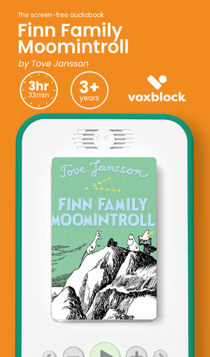 Finn Family Moomintroll audiobook in a Voxblock player, with running time and age guidance