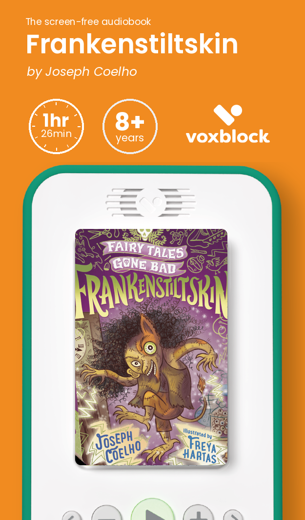 Frankenstiltskin audiobook in a Voxblock player, with running time and age guidance