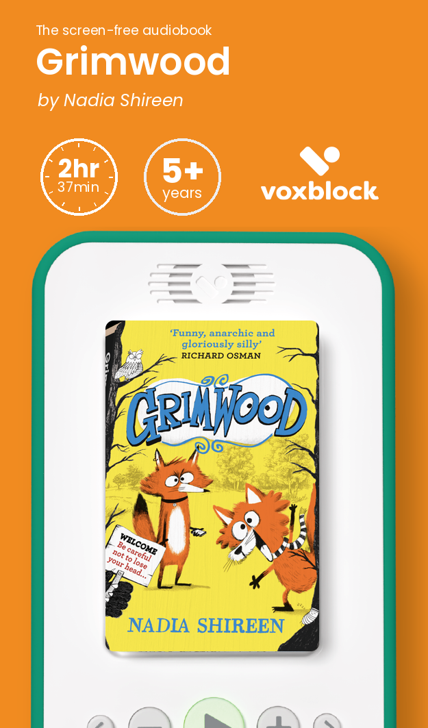 Grimwood audiobook in a Voxblock player, with running time and age guidance