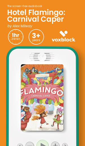Hotel Flamingo: Carnival Caper audiobook in a Voxblock player, with running time and age guidance