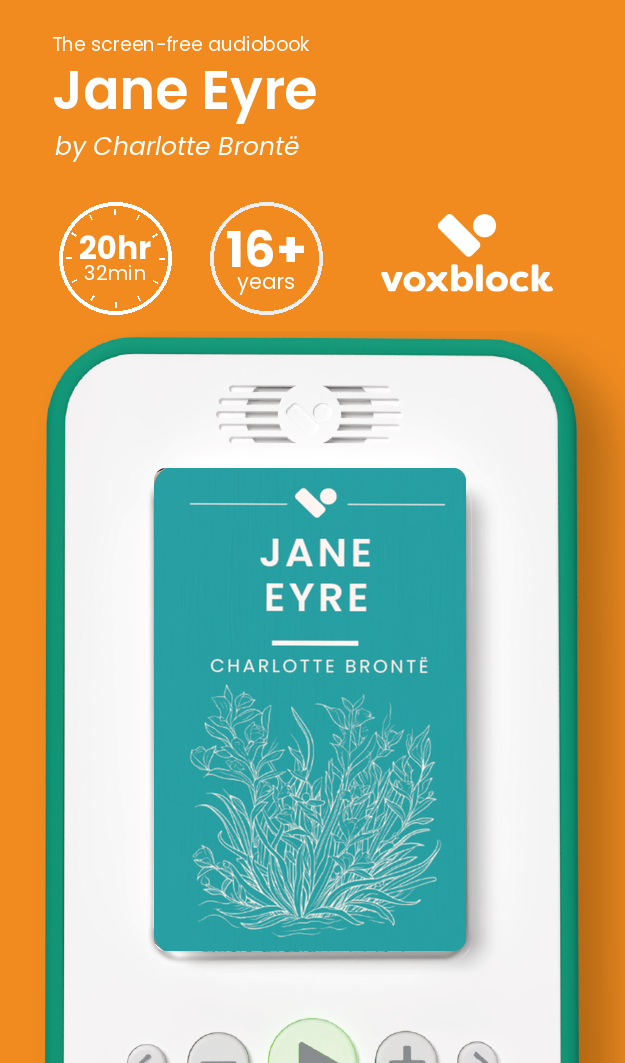 Jane Eyre audiobook in a Voxblock player, with running time and age guidance