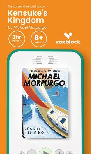 Kensuke's Kingdom audiobook in a Voxblock player, with running time and age guidance