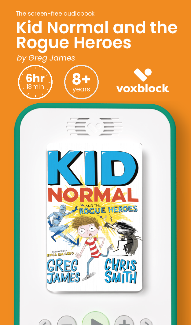 Kid Normal and the Rogue Heroes audiobook in a Voxblock player, with running time and age guidance