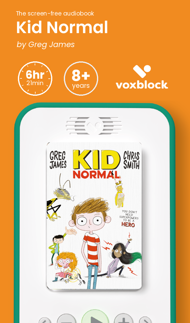 Kid Normal audiobook in a Voxblock player, with running time and age guidance