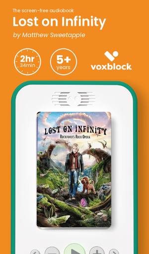 Lost on Infinity audiobook in a Voxblock player, with running time and age guidance
