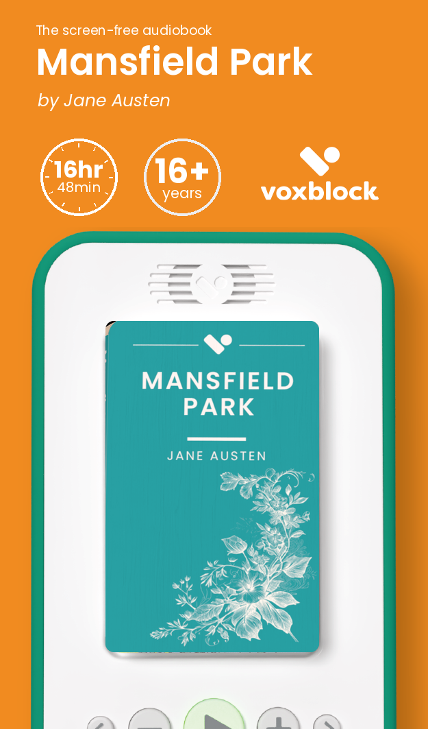 Mansfield Park audiobook in a Voxblock player, with running time and age guidance