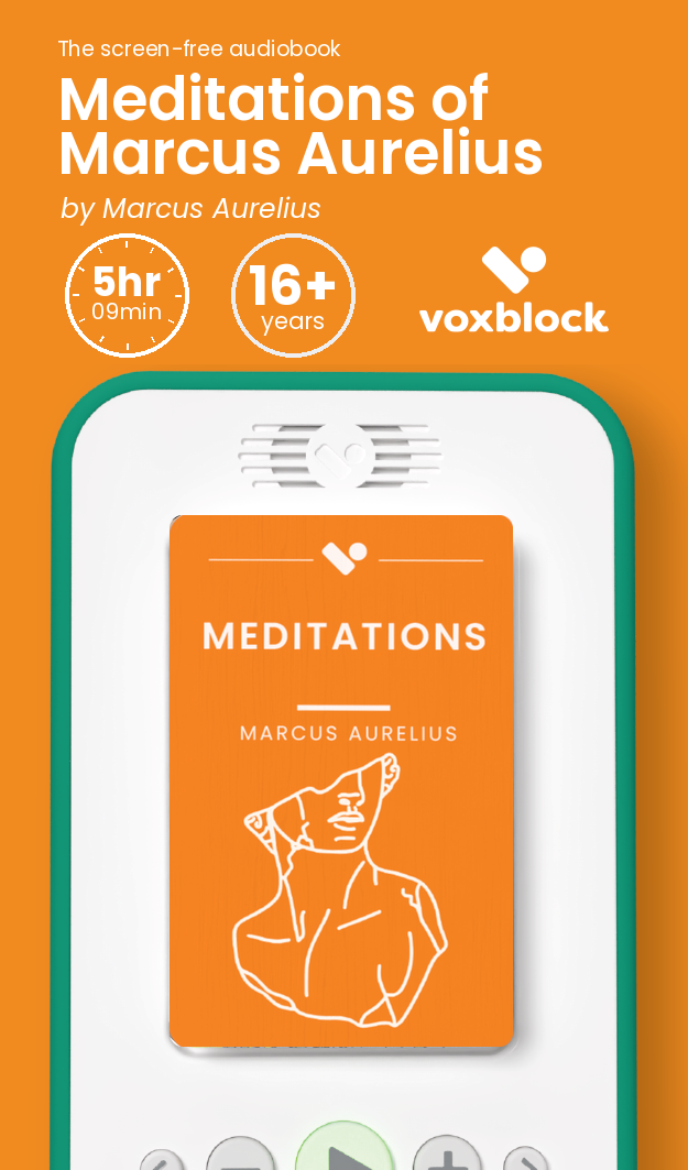 Meditations of Marcus Aurelius audiobook in a Voxblock player, with running time and age guidance