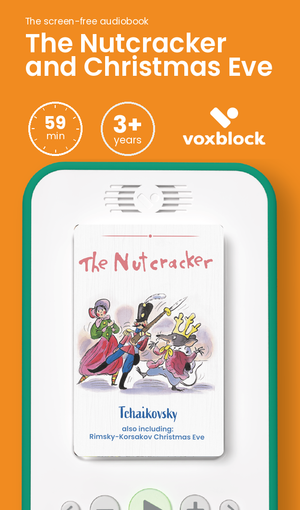 The Nutcracker and Christmas Eve audiobook in a Voxblock player, with running time and age guidance