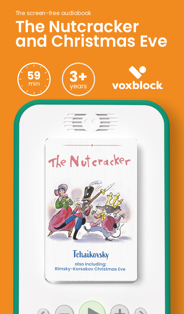 The Nutcracker and Christmas Eve audiobook in a Voxblock player, with running time and age guidance