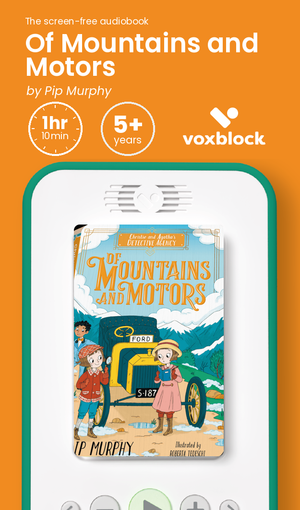 Of Mountains and Motors audiobook in a Voxblock player, with running time and age guidance