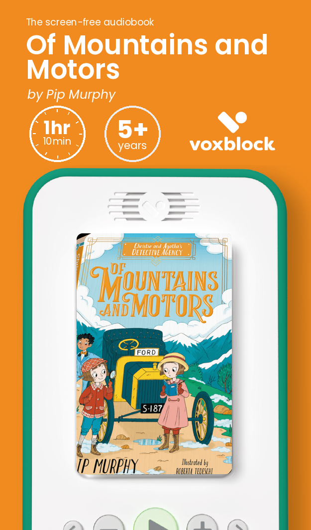 Of Mountains and Motors audiobook in a Voxblock player, with running time and age guidance