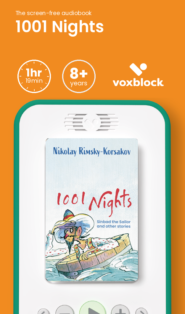 1001 Nights audiobook in a Voxblock player, with running time and age guidance