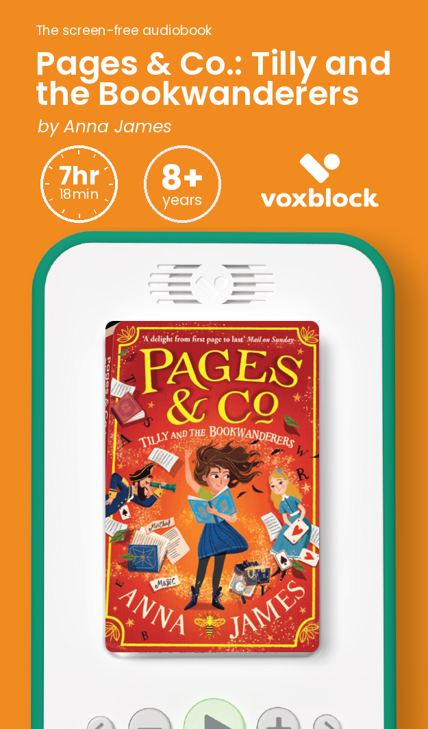 Pages & Co.: Tilly and the Bookwanderers audiobook in a Voxblock player, with running time and age guidance