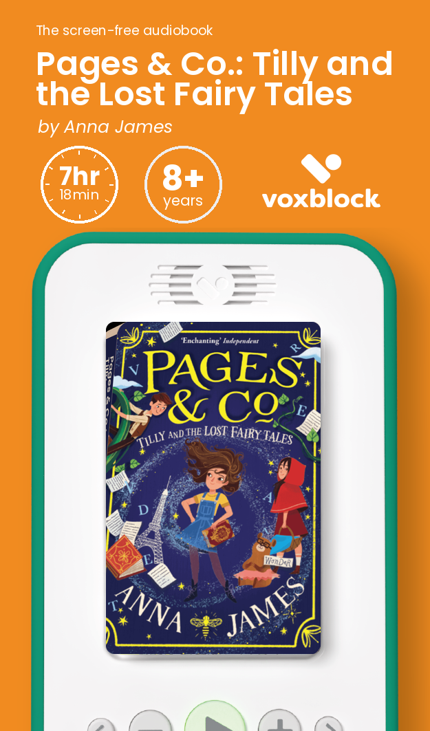 Pages & Co.: Tilly and the Lost Fairy Tales audiobook in a Voxblock player, with running time and age guidance