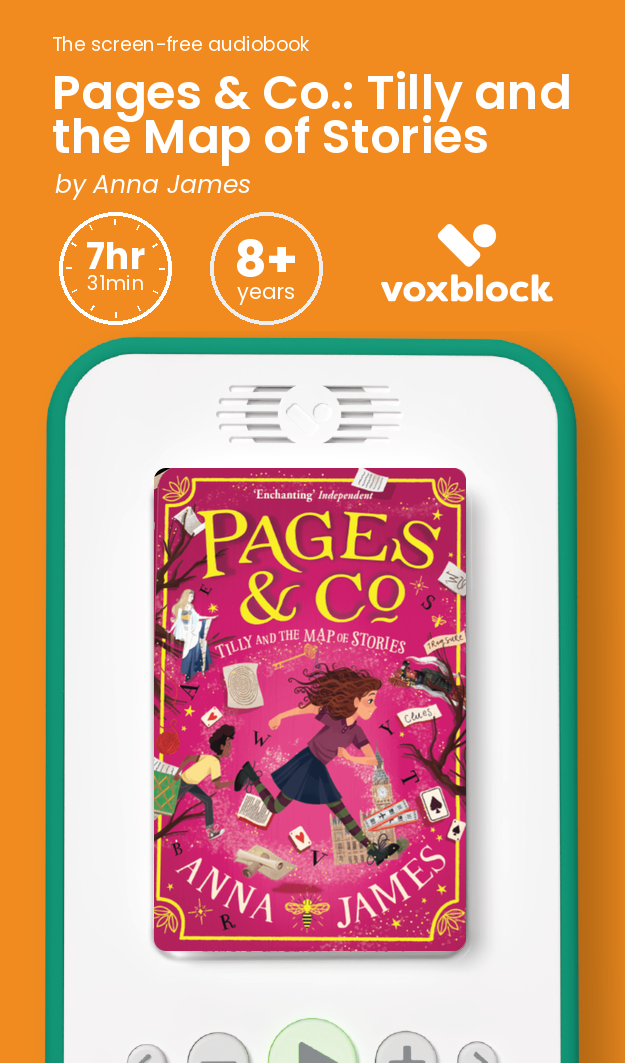 Pages & Co.: Tilly and the Map of Stories audiobook in a Voxblock player, with running time and age guidance