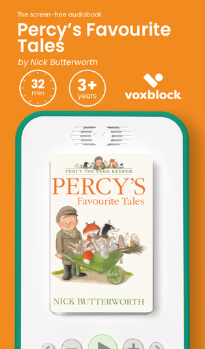 Percy’s Favourite Tales audiobook in a Voxblock player, with running time and age guidance