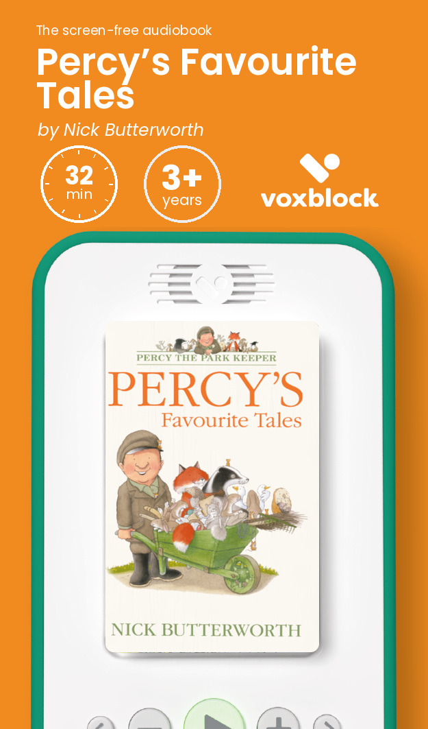 Percy’s Favourite Tales audiobook in a Voxblock player, with running time and age guidance