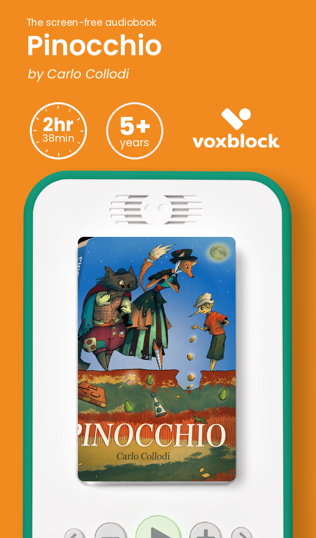 Pinocchio audiobook in a Voxblock player, with running time and age guidance