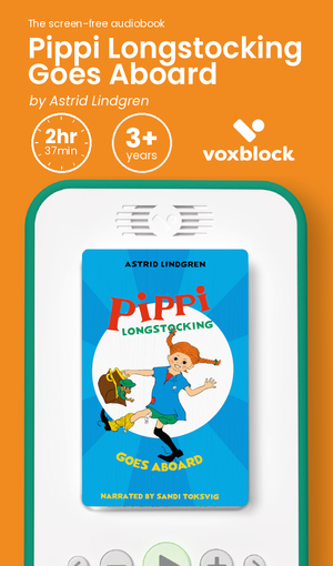 Pippi Longstocking Goes Aboard audiobook in a Voxblock player, with running time and age guidance