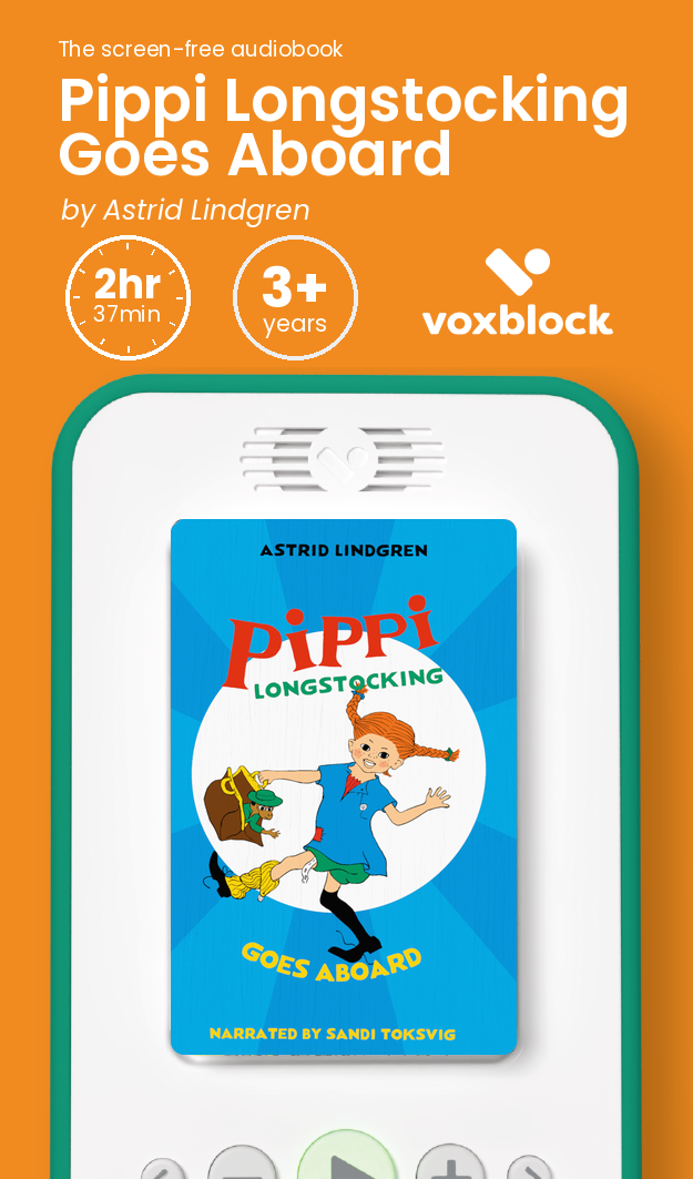 Pippi Longstocking Goes Aboard audiobook in a Voxblock player, with running time and age guidance