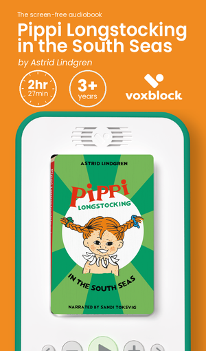 Pippi Longstocking in the South Seas audiobook in a Voxblock player, with running time and age guidance