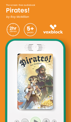 Pirates! audiobook in a Voxblock player, with running time and age guidance