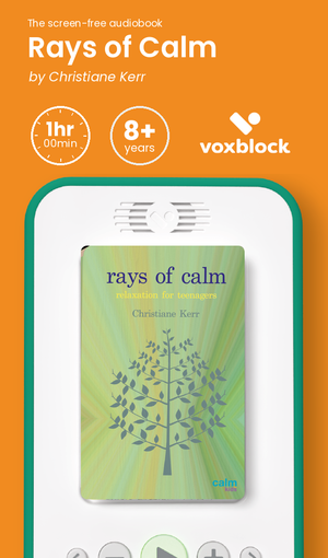 Rays of Calm audiobook in a Voxblock player, with running time and age guidance