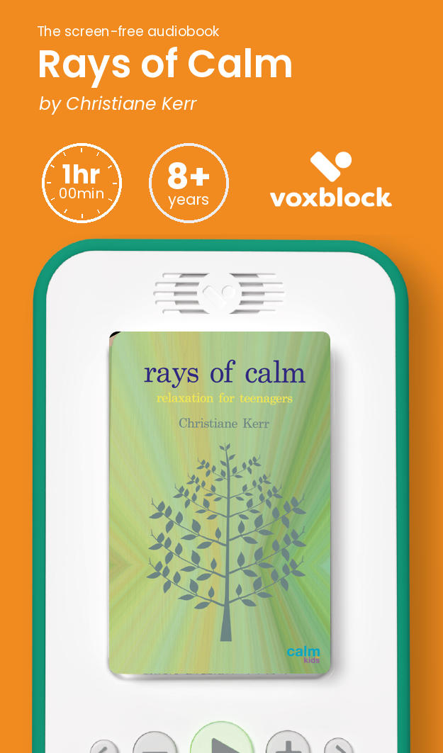 Rays of Calm audiobook in a Voxblock player, with running time and age guidance