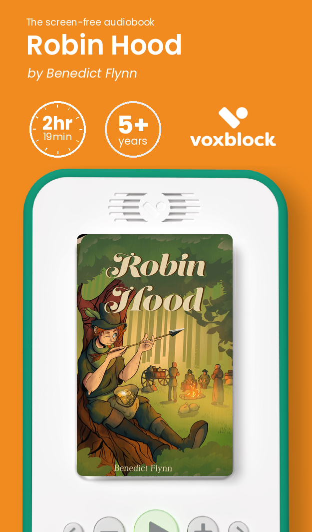 Robin Hood audiobook in a Voxblock player, with running time and age guidance