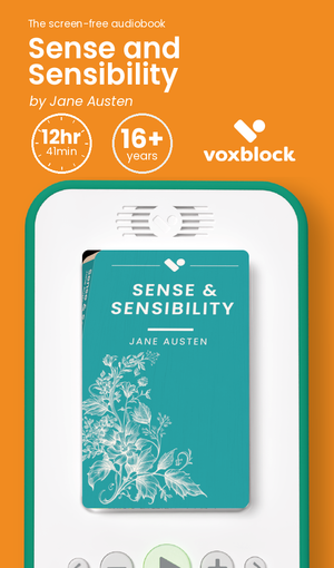 Sense and Sensibility audiobook in a Voxblock player, with running time and age guidance