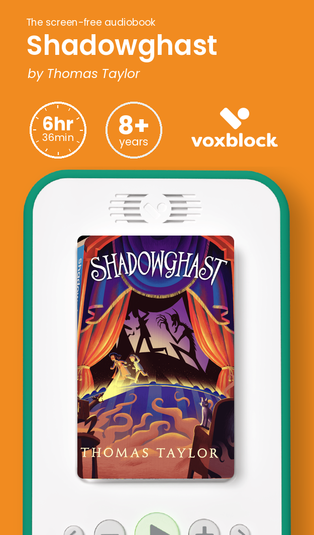 Shadowghast audiobook in a Voxblock player, with running time and age guidance
