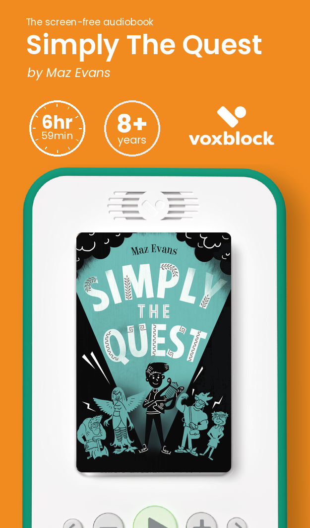 Simply The Quest audiobook in a Voxblock player, with running time and age guidance