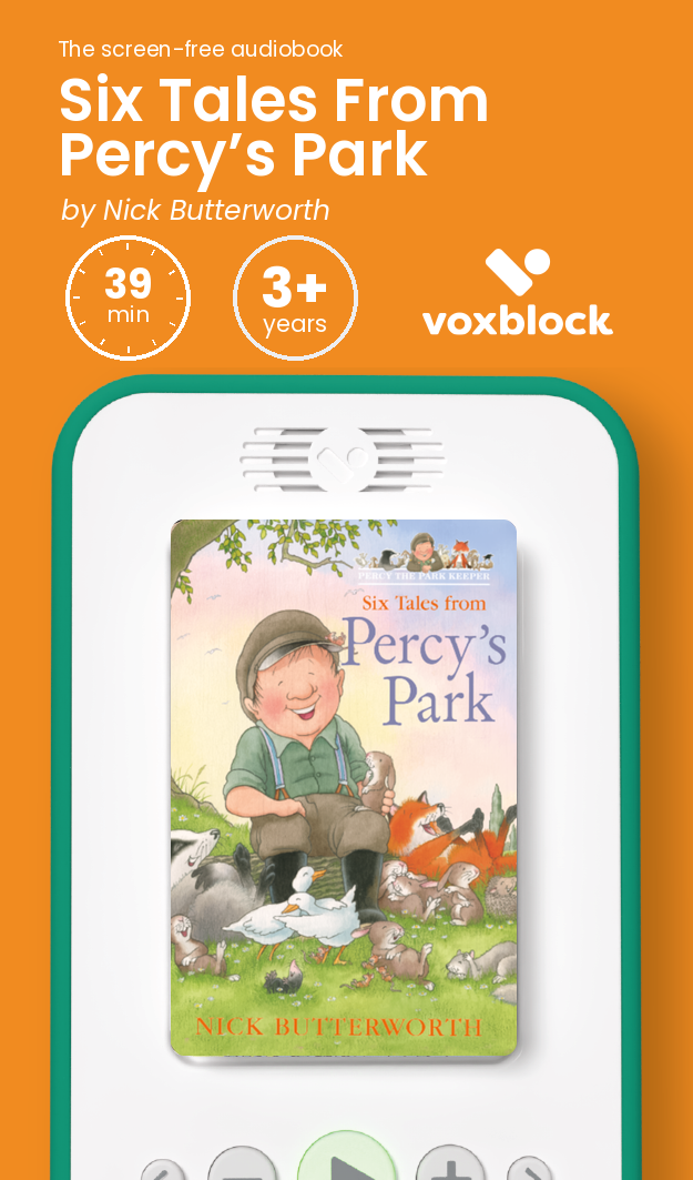 Six Tales From Percy’s Park audiobook in a Voxblock player, with running time and age guidance