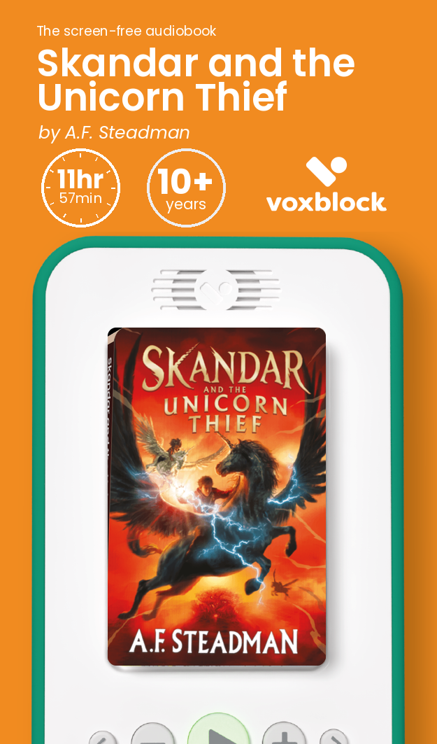 Skandar and the Unicorn Thief audiobook in a Voxblock player, with running time and age guidance